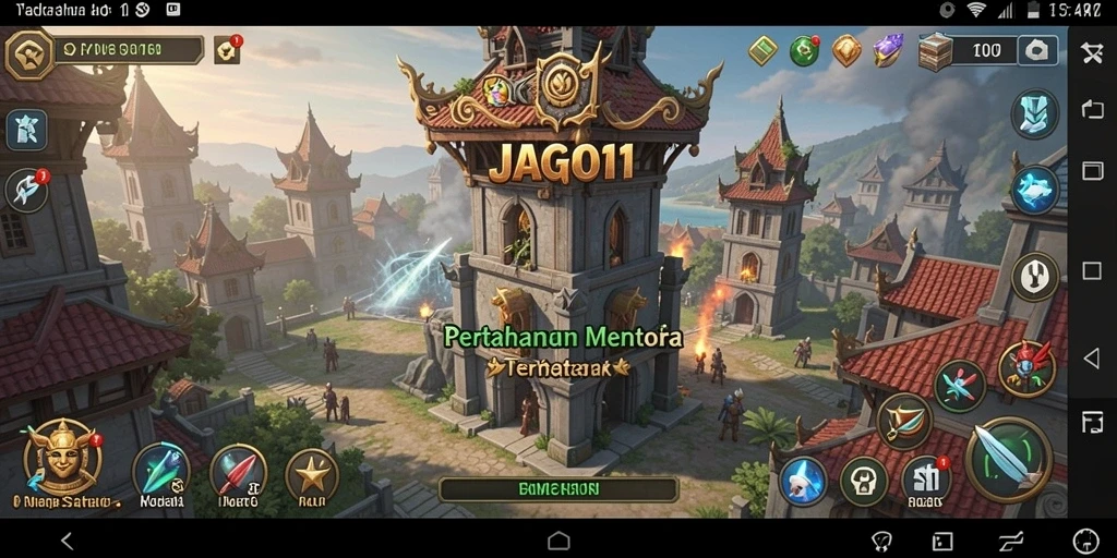 Tampilan gameplay JAGO11 dengan menara dan musuh yang dinamis.